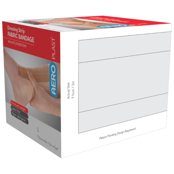 A box of AEROPLAST Premium Fabric Dressing Strip 7.5cm bandages for wound protection.