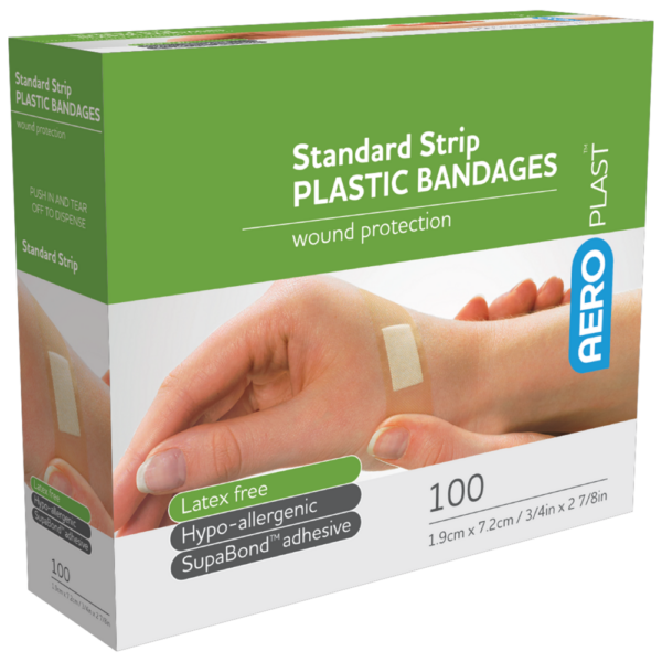 A box of 100 aero plast standard strip plastic bandages designed for wound protection, latex-free and hypo-allergenic with supabond adhesive.