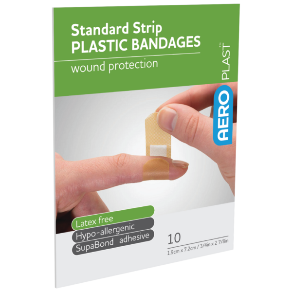 Box of AEROPLAST Plastic Standard Strip plastic bandages with a hand demonstrating the product.