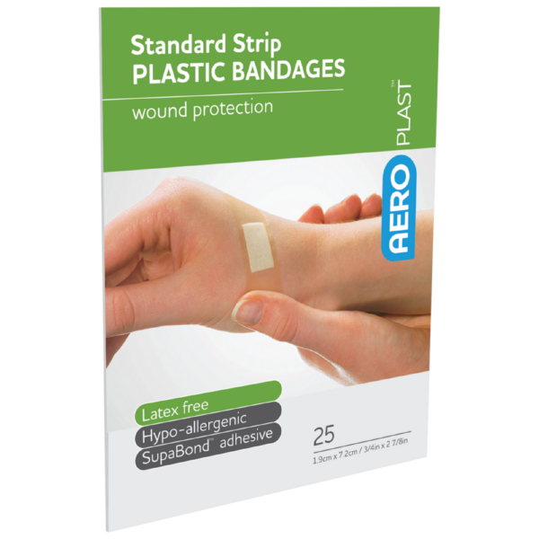 A box of AEROPLAST Plastic Standard Strip bandages with a hand having a bandage applied on the wrist.