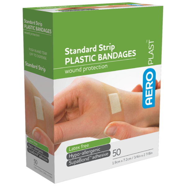 Box of AEROPLAST Plastic Standard Strip bandages for wound protection, latex-free, with 50 adhesive strips included.