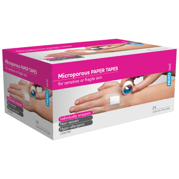 A box of AEROTAPE White Microporous Paper Tape 1.25cm x 5M for sensitive skin, individually wrapped, hypoallergenic, and latex-free.