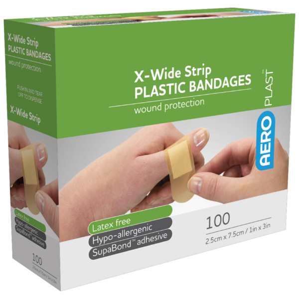 A box of x-wide strip plastic bandages designed for wound protection, latex-free and hypo-allergenic with 100 strips included.