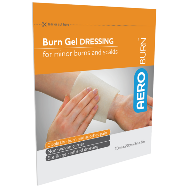 A box of AEROBURN Burn Gel Dressing for minor burns, indicating it soothes pain and includes a sterile gel-infused dressing.