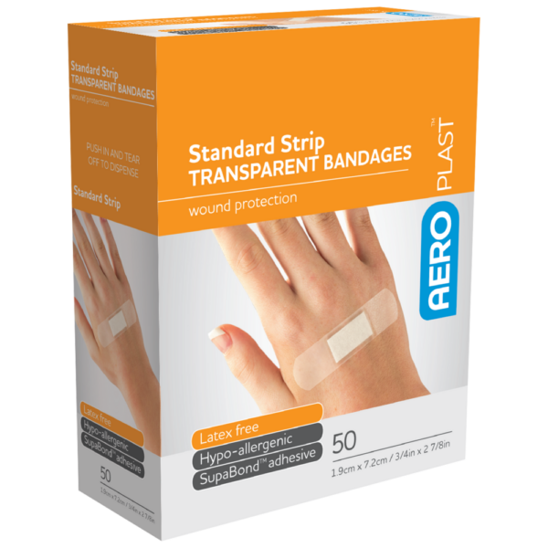 A box of AEROTAPE Transparent Plastic Tape 2.5cm x 5M adhesive bandages.