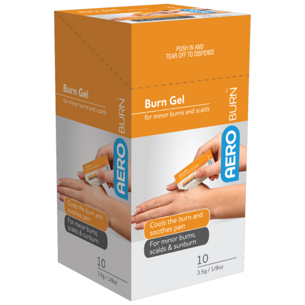 A box of AEROBURN Burn Gel with instructions for use, designed to cool and soothe minor burns and scalds.