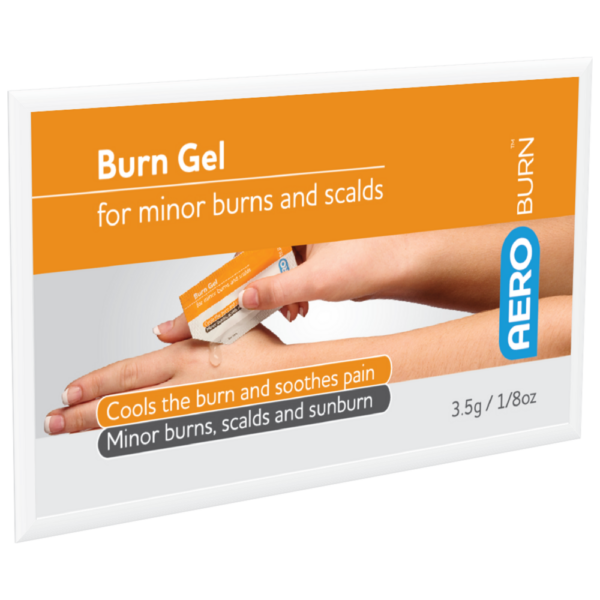 A box of aero burn gel being squeezed onto a person's forearm, advertised for cooling and soothing minor burns and scalds.