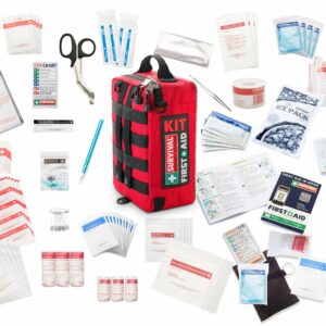 A first aid kit with various items on a white background.