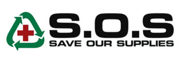 Logo of a medical or emergency-related campaign or organization featuring the acronym s.o.s. with the phrase "save our supplies" alongside a red cross within a recycling symbol.